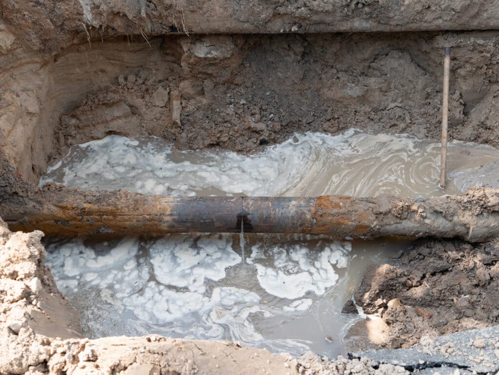 close-up of ruptured sewer rusty pipeline